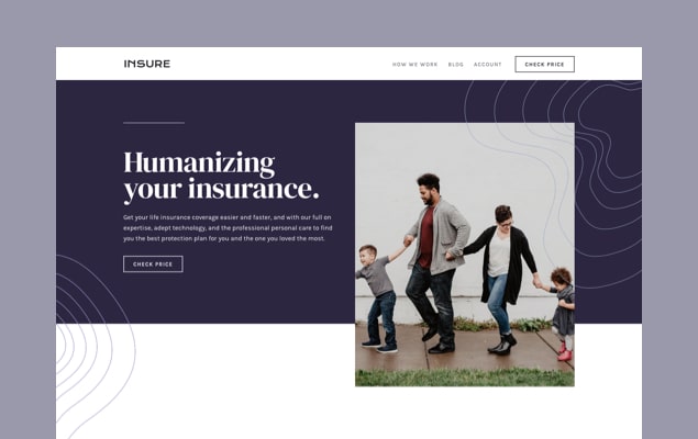 Screenshot of the Insure website with purple and white colors and a picture of a family with two children